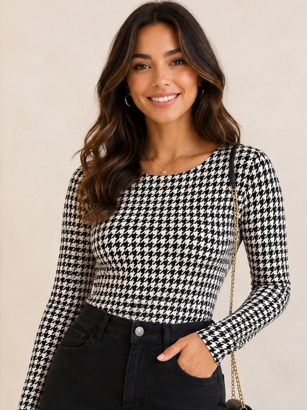 Love & Liberty Long Sleeve Women’s Bodysuit in Houndstooth Print— Black & White